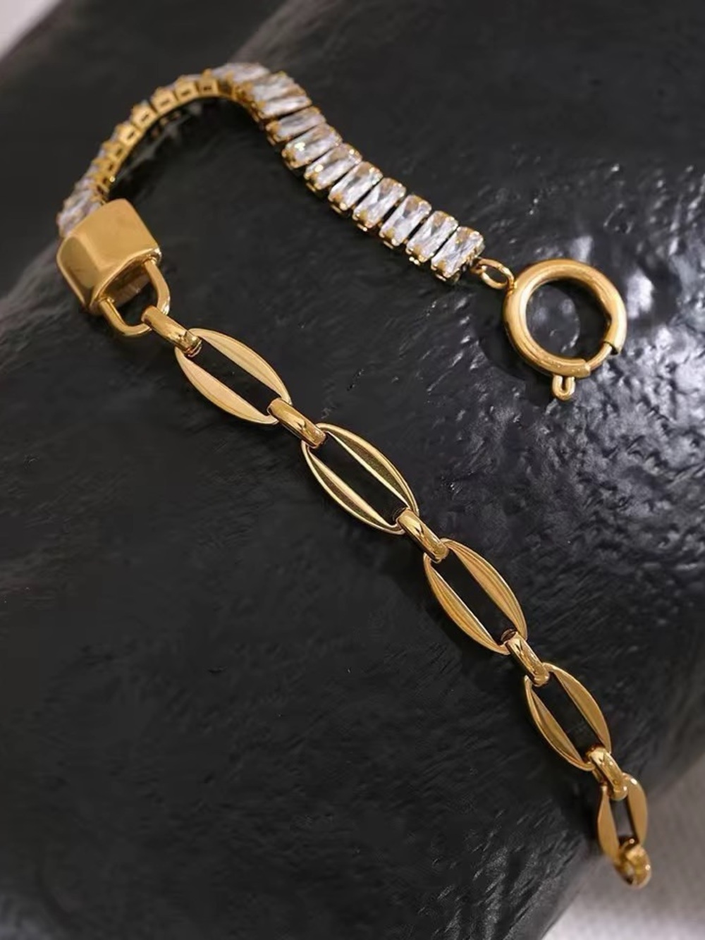 18K Gold Plated Baguette Crystal Paperclip Chain Bracelet - Picture 2 of 7